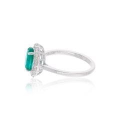Oval Natural Emerald Gemstone Ring Round Diamond 18 Karat White Gold Jewelry