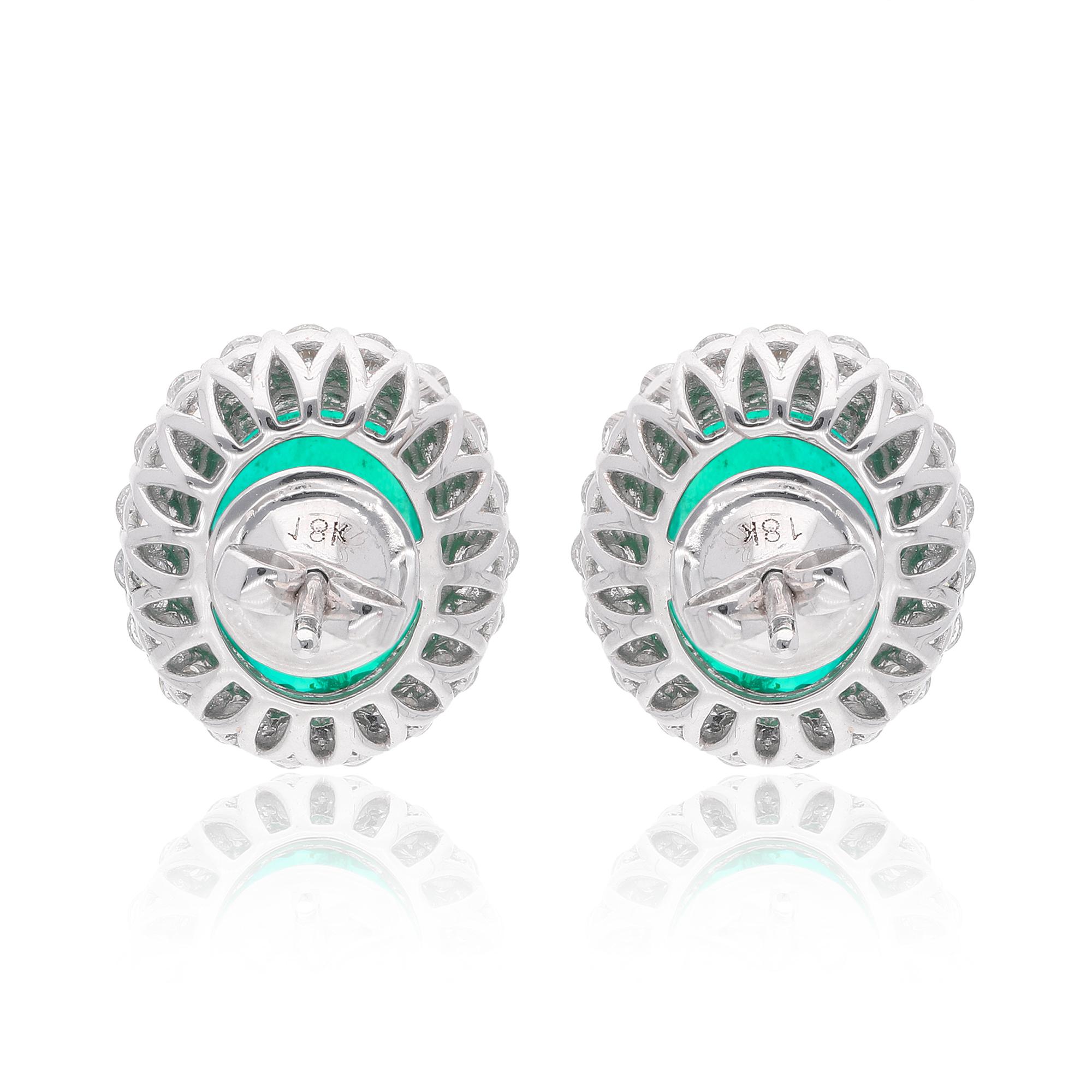 Oval Cut Oval Natural Emerald Gemstone Stud Earrings Diamond 18 Karat White Gold Jewelry For Sale