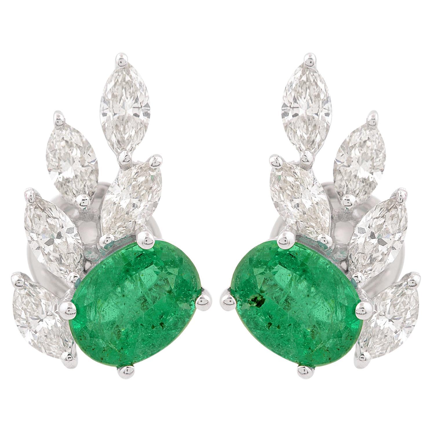 Oval Natural Emerald Gemstone Stud Earrings Diamond Solid 18k White Gold Jewelry
