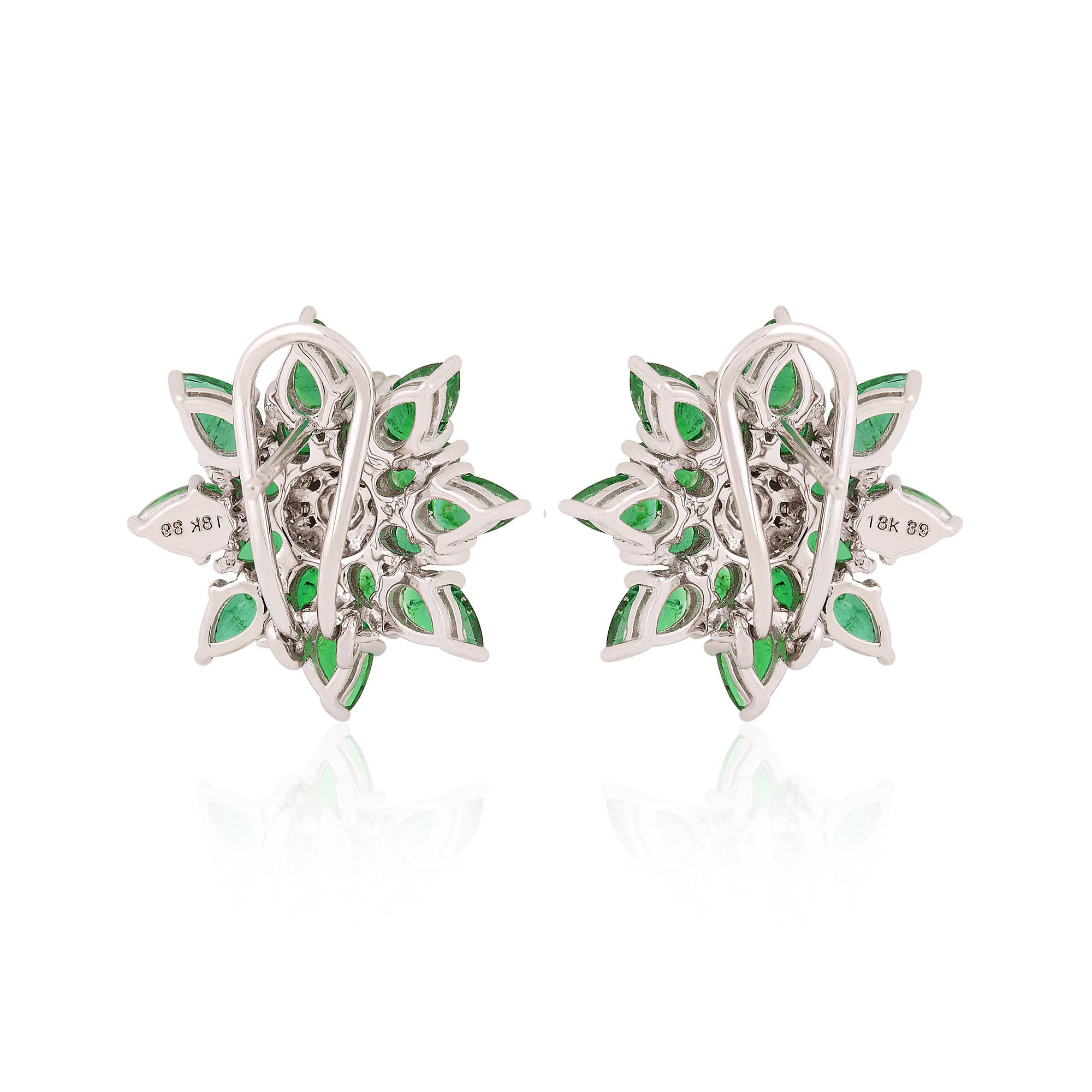 Women's Oval Natural Emerald Starburst Stud Earrings Diamond 14k White Gold Fine Jewelry For Sale