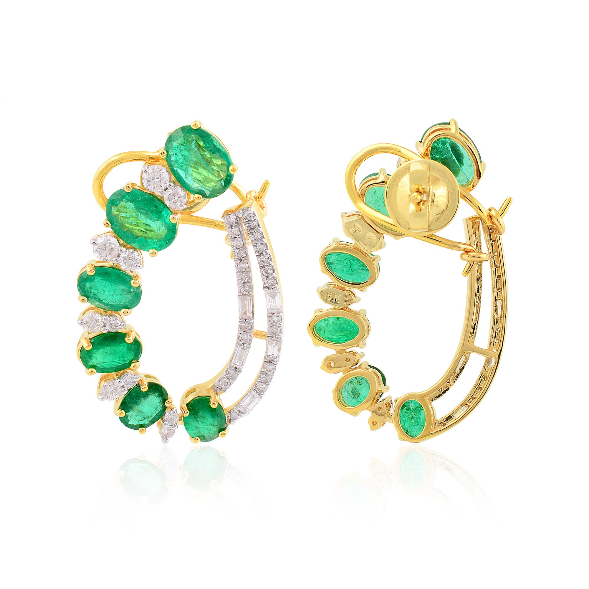 Modern Oval Natural Emerald Stud Earrings Pave Diamond Solid 14k Yellow Gold Jewelry For Sale