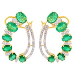 Oval Natural Emerald Stud Earrings Pave Diamond Solid 14k Yellow Gold Jewelry