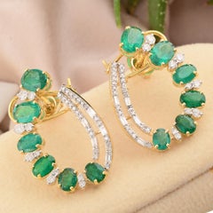 Oval Natural Emerald Stud Earrings Pave Diamond Solid 18k Yellow Gold Jewelry