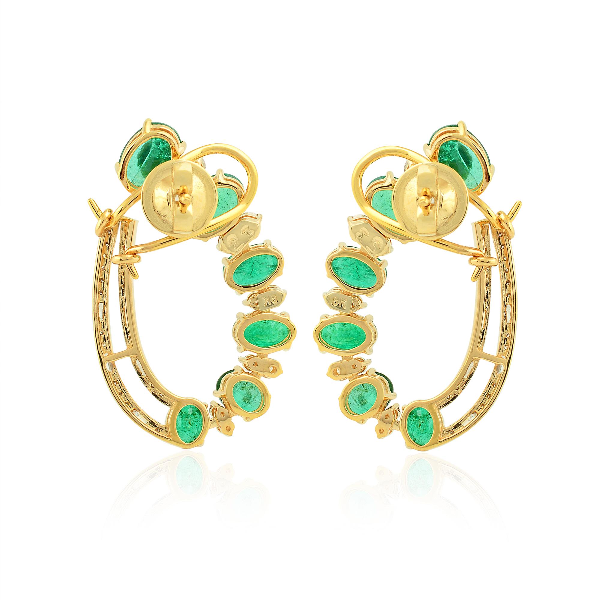 Oval Cut Oval Natural Emerald Stud Earrings Pave Diamond Solid 18k Yellow Gold Jewelry For Sale