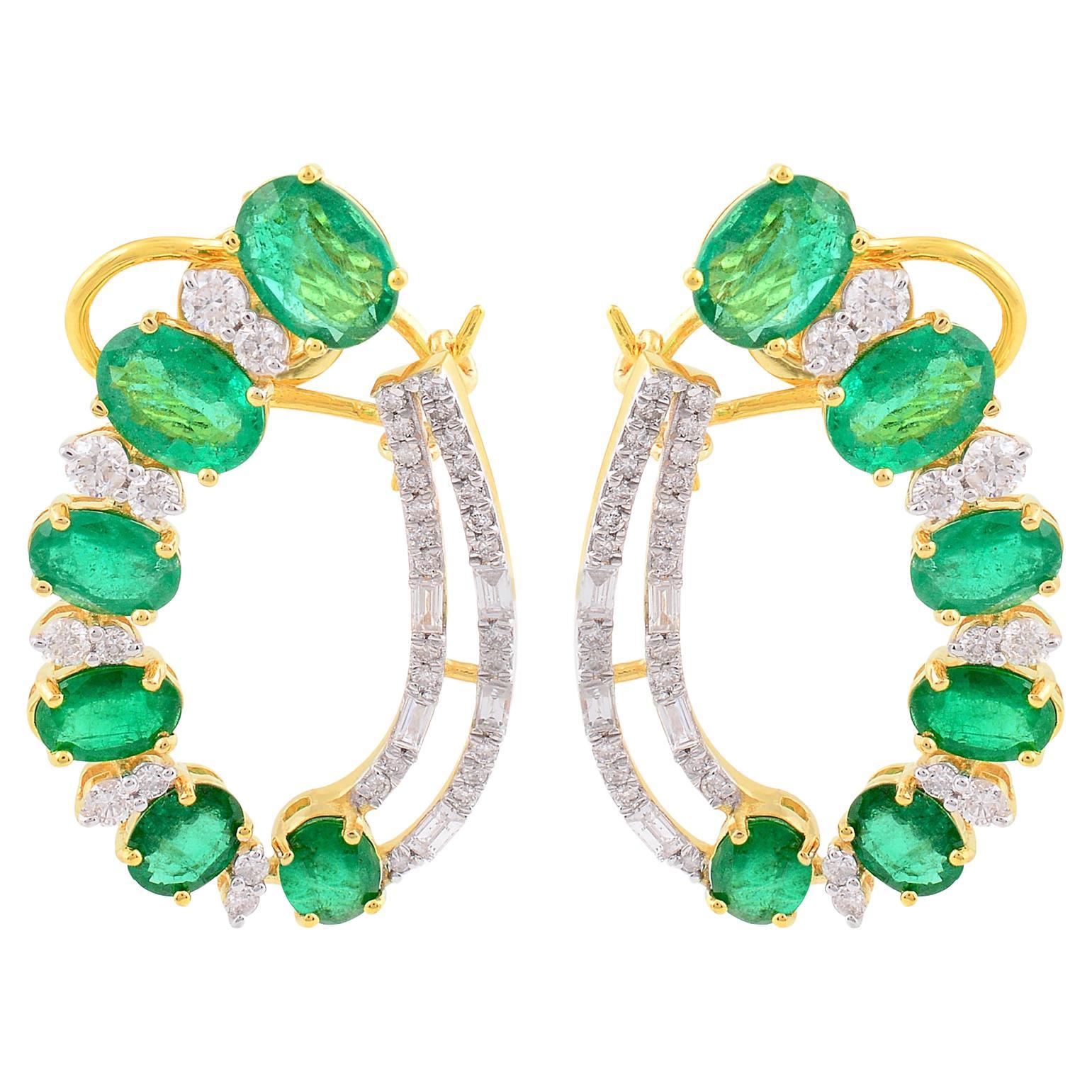 Oval Natural Emerald Stud Earrings Pave Diamond Solid 18k Yellow Gold Jewelry