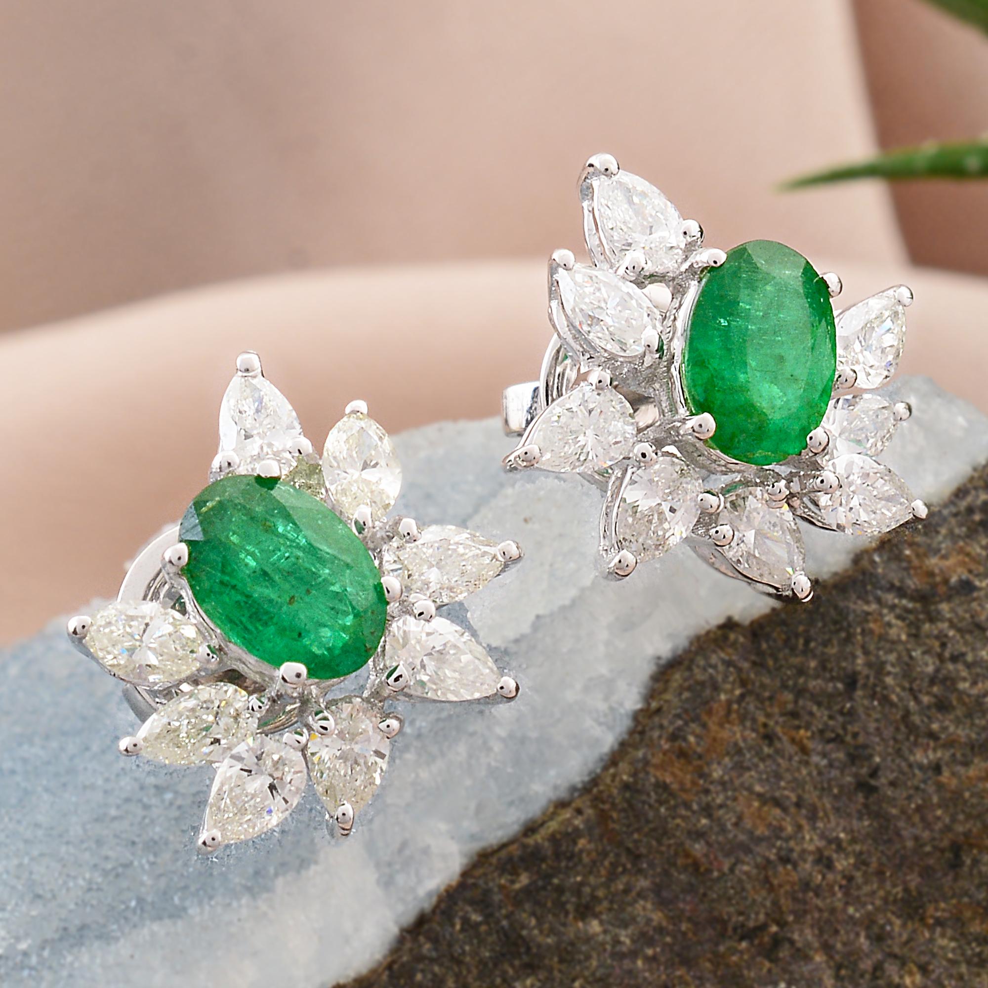 Modern Oval Natural Emerald Stud Earrings Pear Diamond Solid 18k White Gold Jewelry For Sale