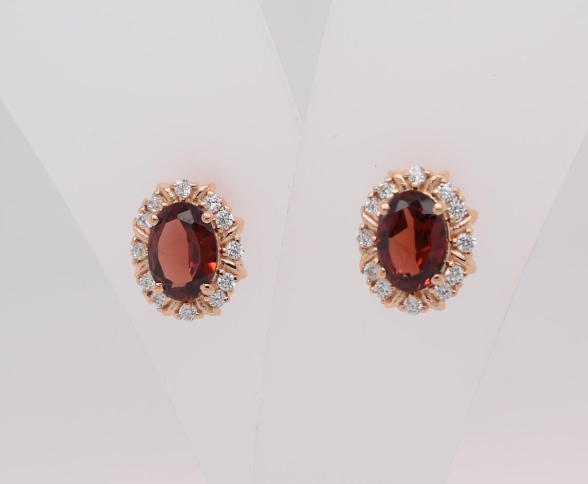 Oval Cut Oval  Natural Garnet And CZ Rose Gold Over Sterling Silver Earrings For Sale