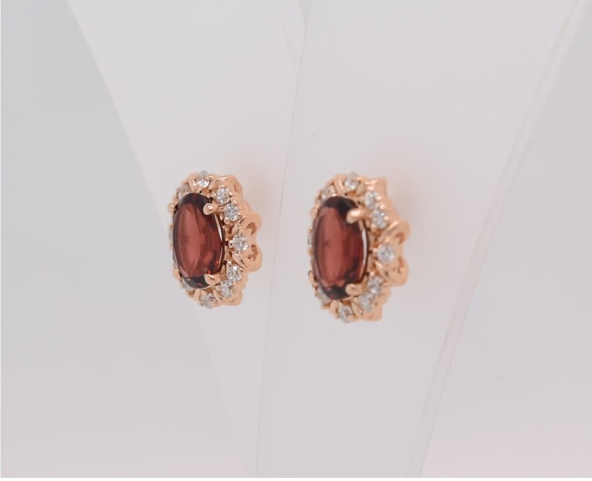 Oval  Natural Garnet And CZ Rose Gold Over Sterling Silver Earrings In New Condition For Sale In Fort Lee, NJ