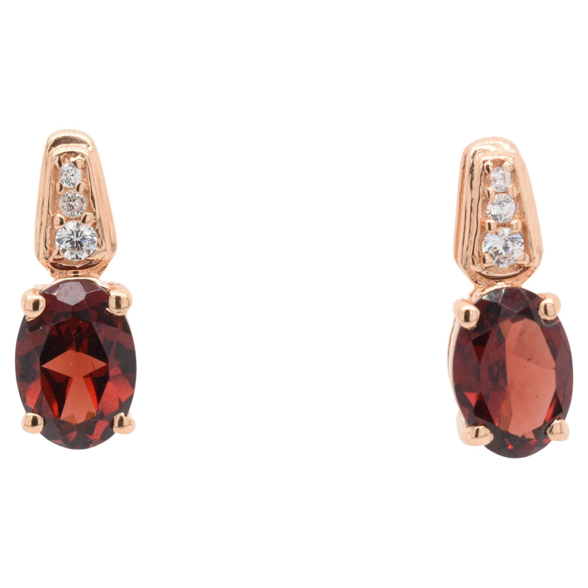Oval  Natural Garnet And CZ Rose Gold Over Sterling Silver Earrings For Sale