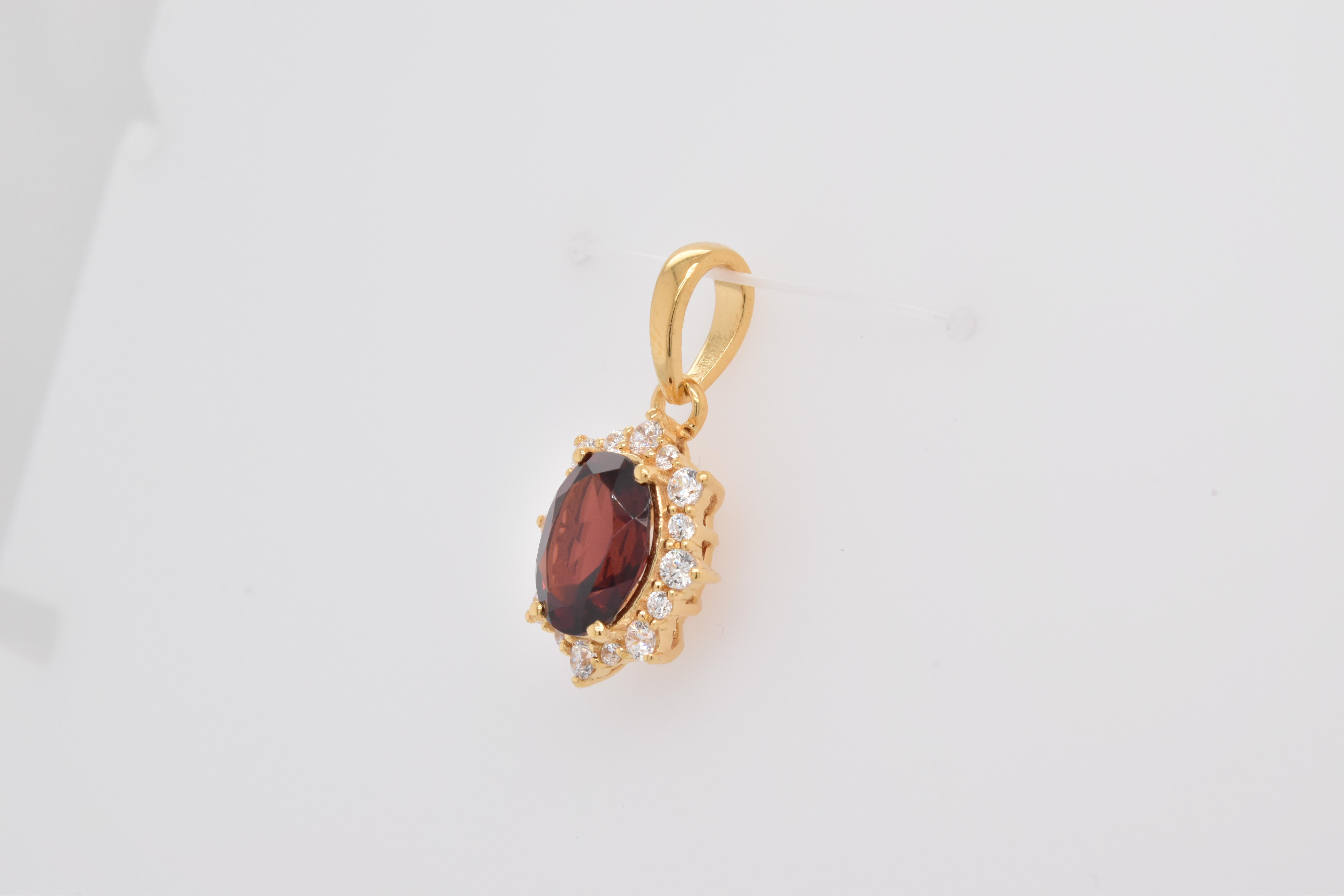 Oval Cut Oval  Natural Garnet And CZ Yellow Gold Over Sterling Silver Pendant For Sale