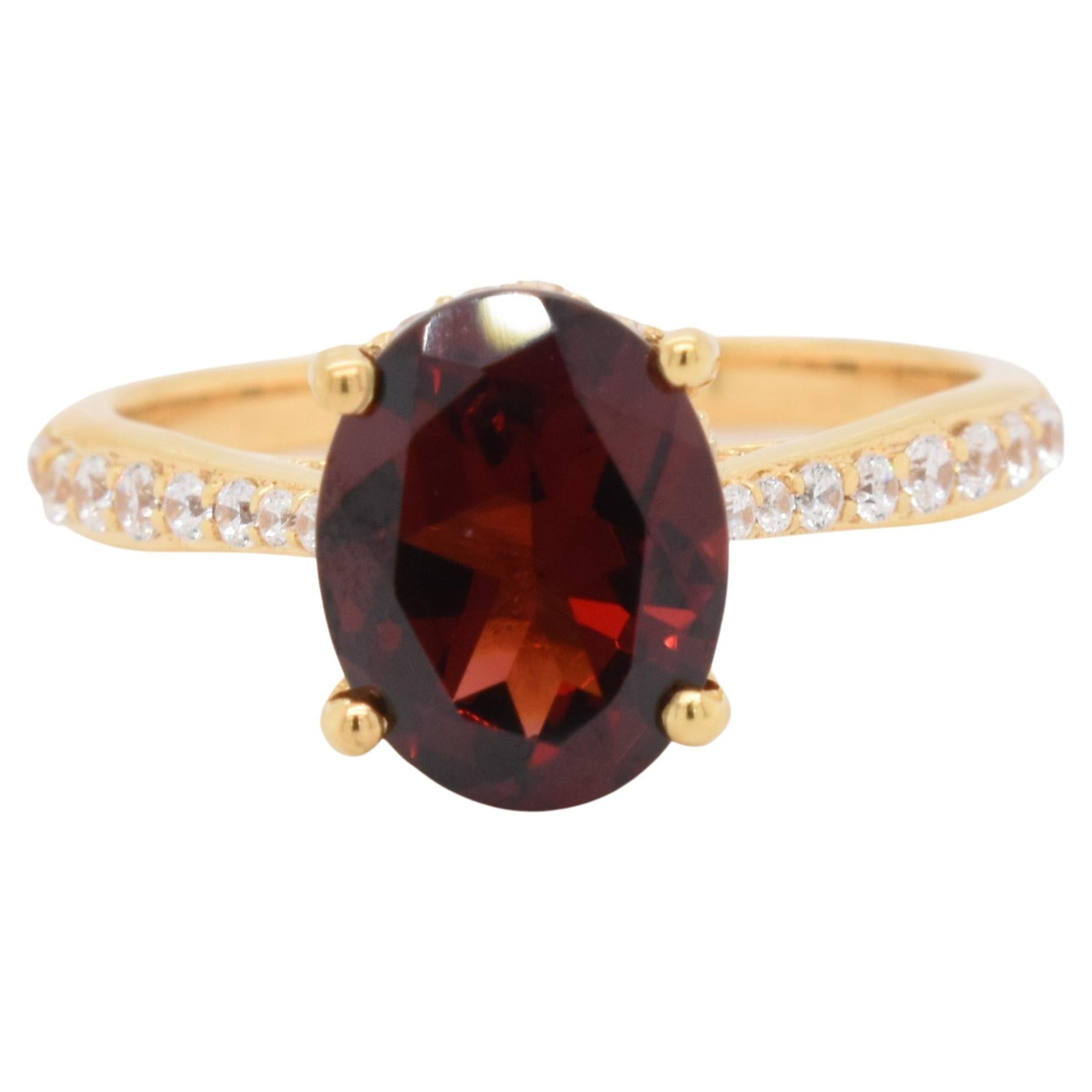 Oval Natural Garnet And CZ Over Sterling Silver Ring