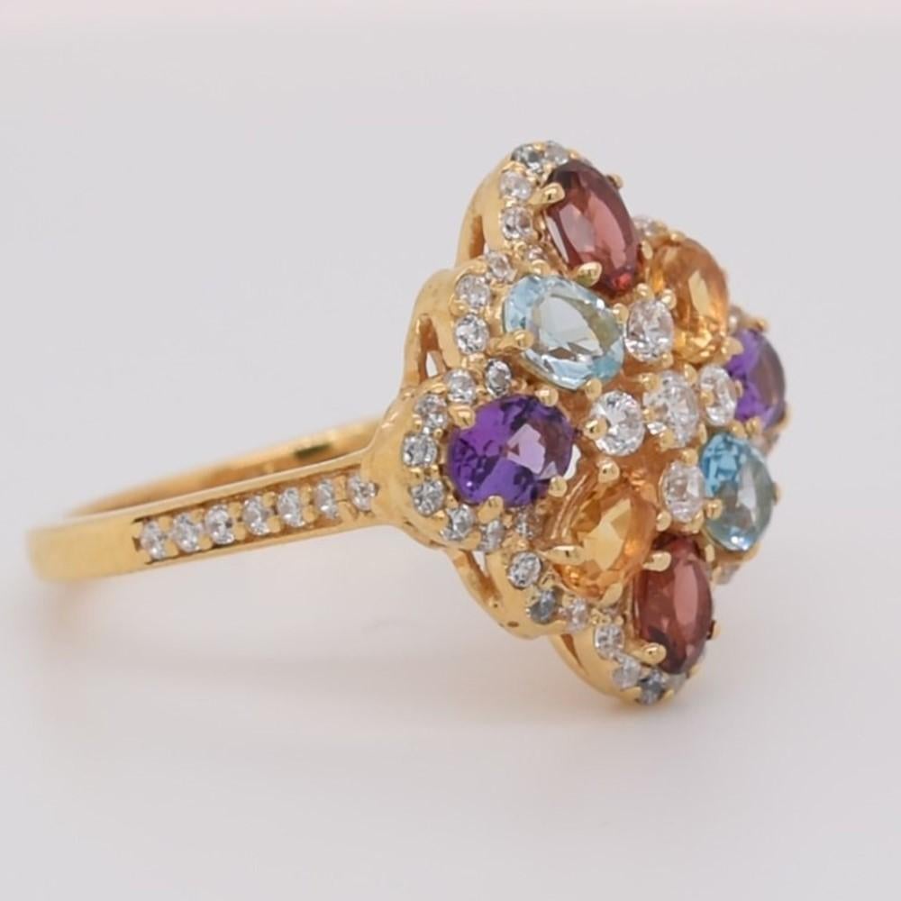 Oval Natural Multi Colored Stones And CZ Yellow Gold over Sterling Silver Ring In New Condition For Sale In Fort Lee, NJ