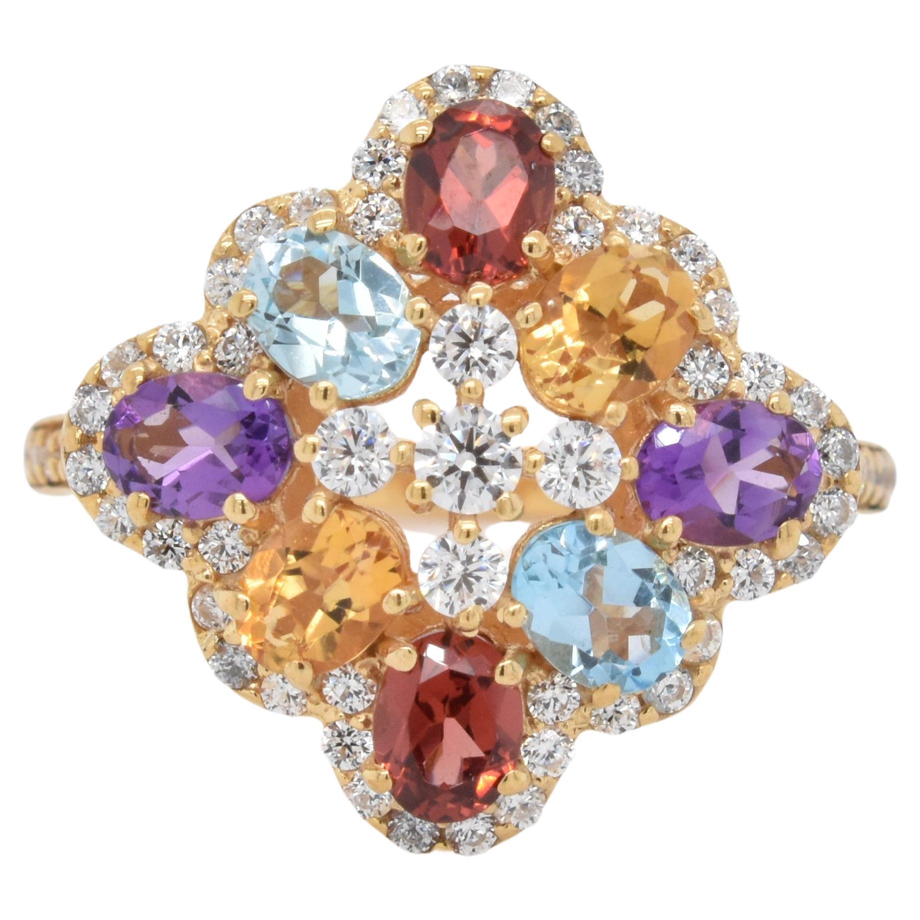 Oval Natural Multi Colored Stones And CZ Yellow Gold over Sterling Silver Ring