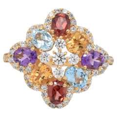 Oval Natural Multi Colored Stones And CZ Yellow Gold over Sterling Silver Ring