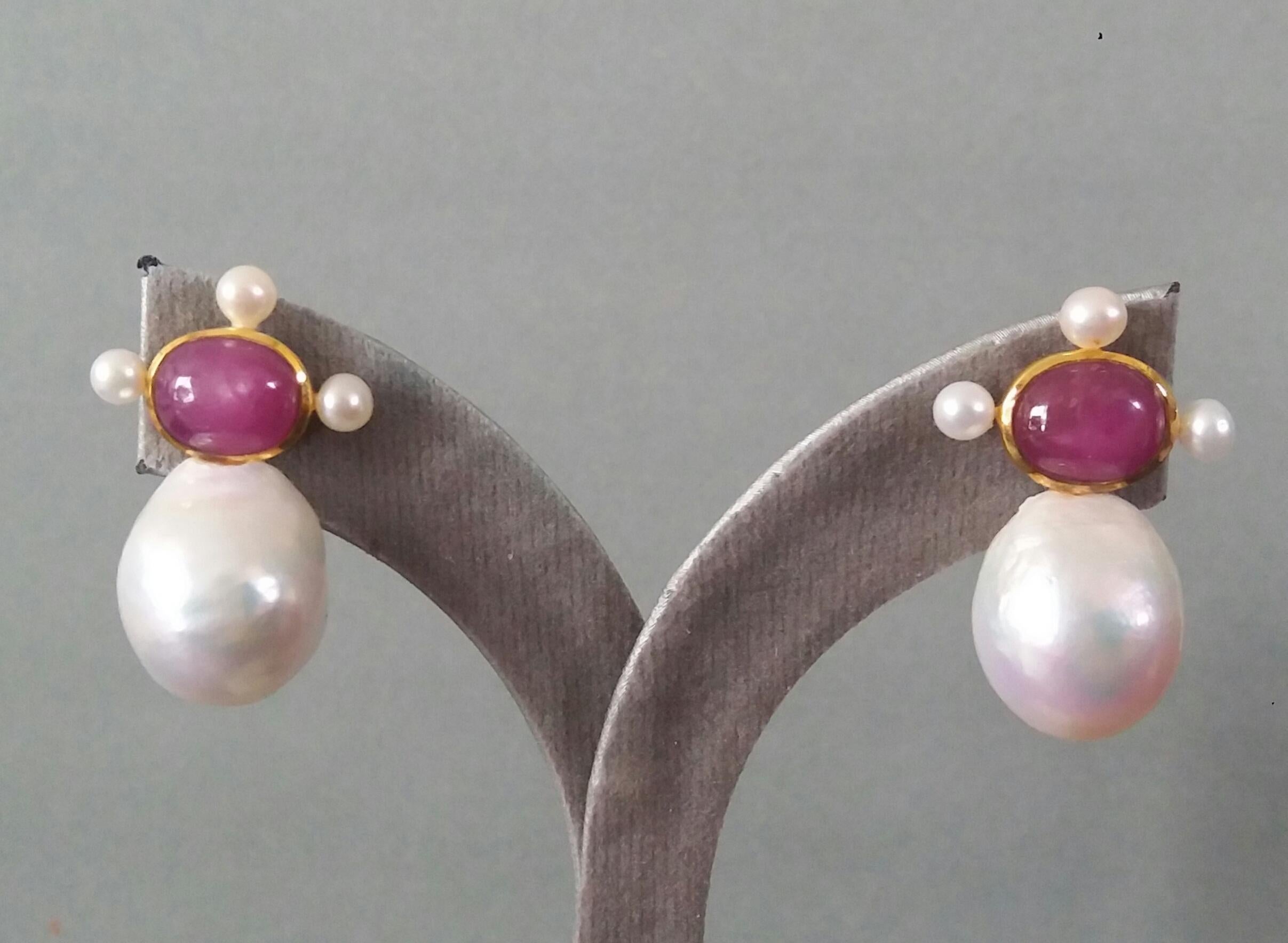 Oval Natural Ruby Cabs 14k Yellow Gold Pear Shape Baroque Pearls Stud Earrings 1