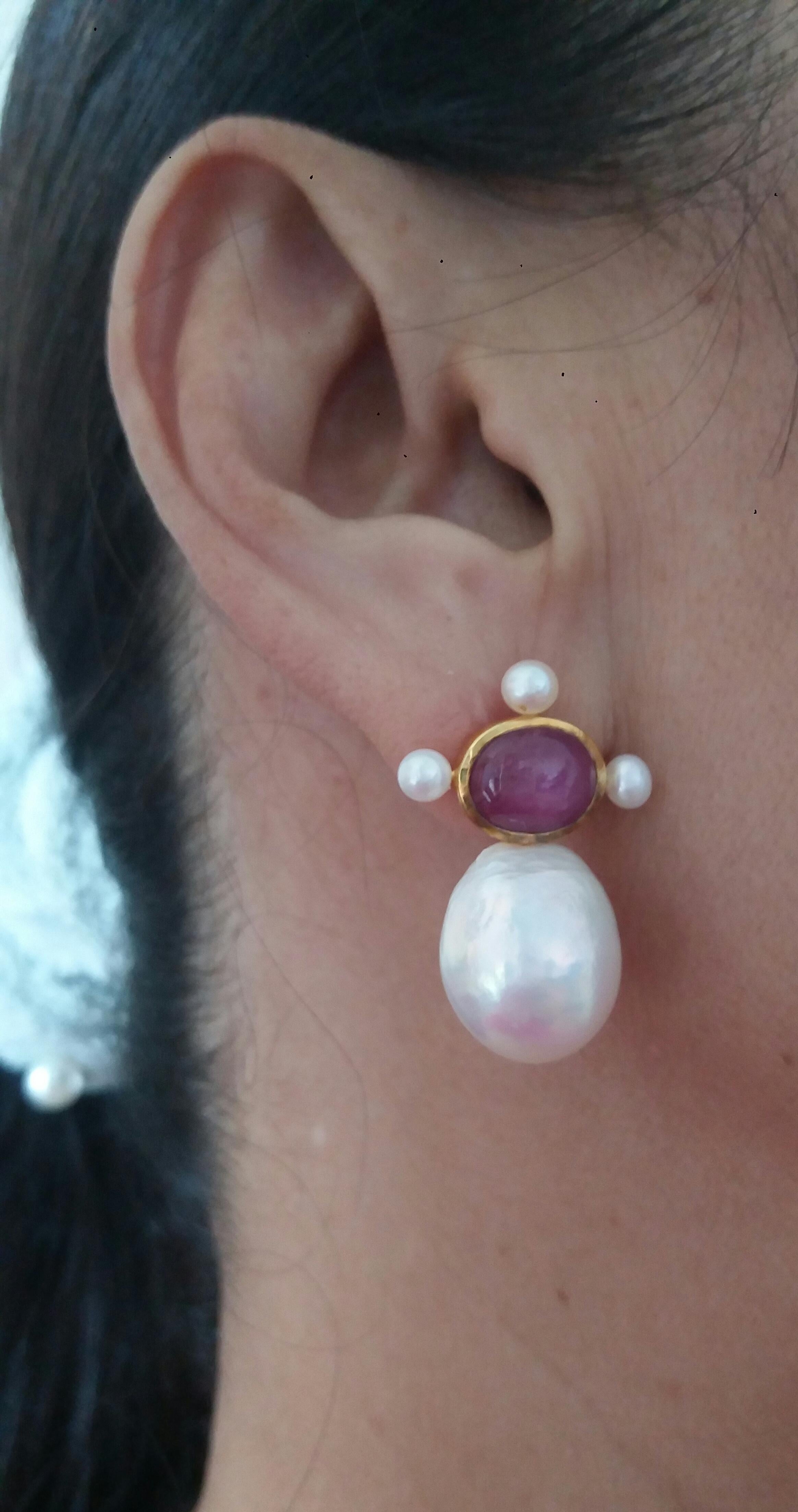 Oval Natural Ruby Cabs 14k Yellow Gold Pear Shape Baroque Pearls Stud Earrings 5