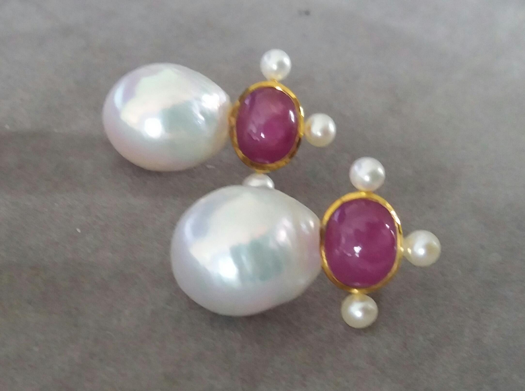 Oval Cut Oval Natural Ruby Cabs 14k Yellow Gold Pear Shape Baroque Pearls Stud Earrings For Sale