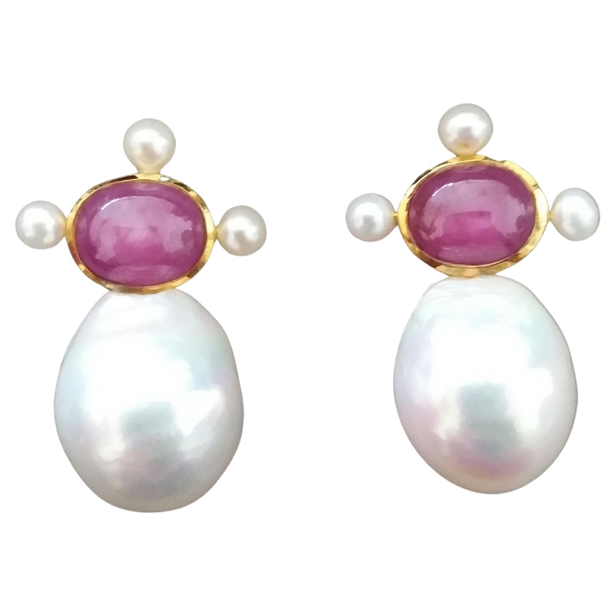 Oval Natural Ruby Cabs 14k Yellow Gold Pear Shape Baroque Pearls Stud Earrings