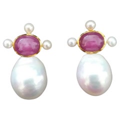 Oval Natural Ruby Cabs 14k Yellow Gold Pear Shape Baroque Pearls Stud Earrings