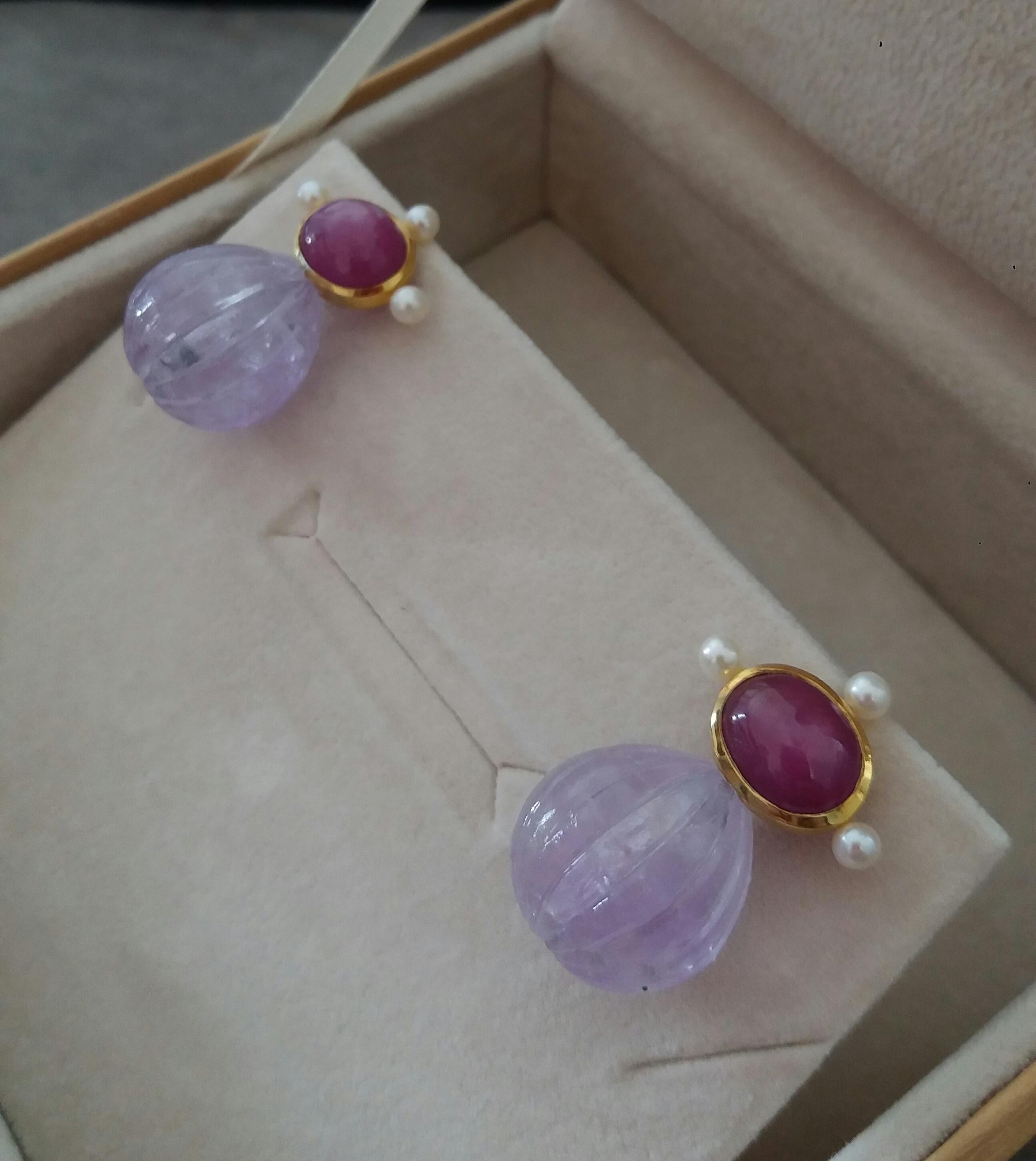 Oval Natural Ruby Cabs Gold Pearls Engraved Amethyst Round Drops Stud Earrings For Sale 3