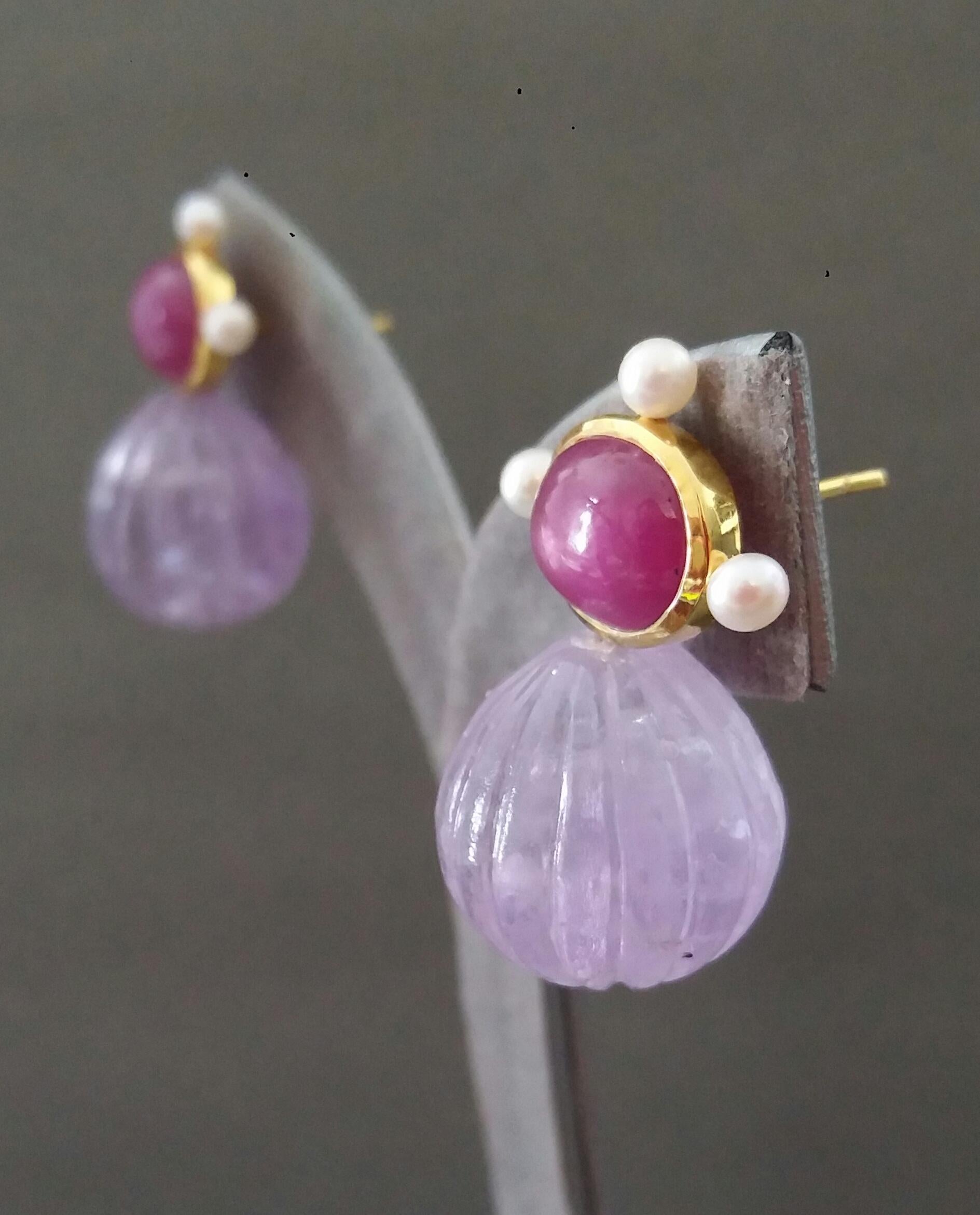 Oval Natural Ruby Cabs Gold Pearls Engraved Amethyst Round Drops Stud Earrings For Sale 5