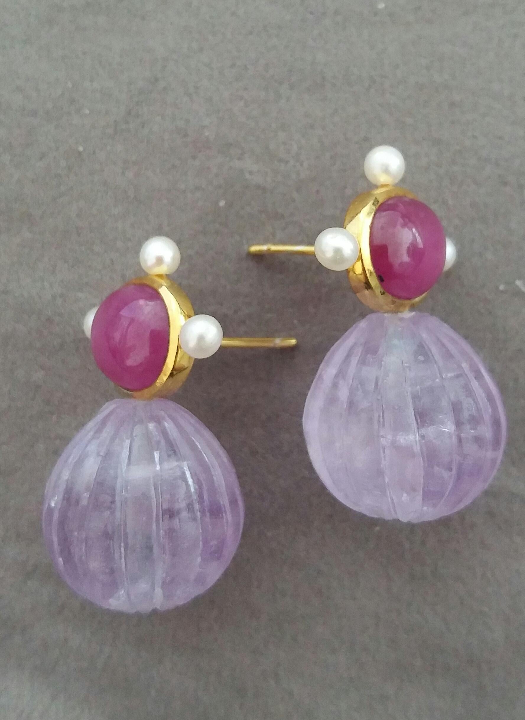 Oval Natural Ruby Cabs Gold Pearls Engraved Amethyst Round Drops Stud Earrings For Sale 6