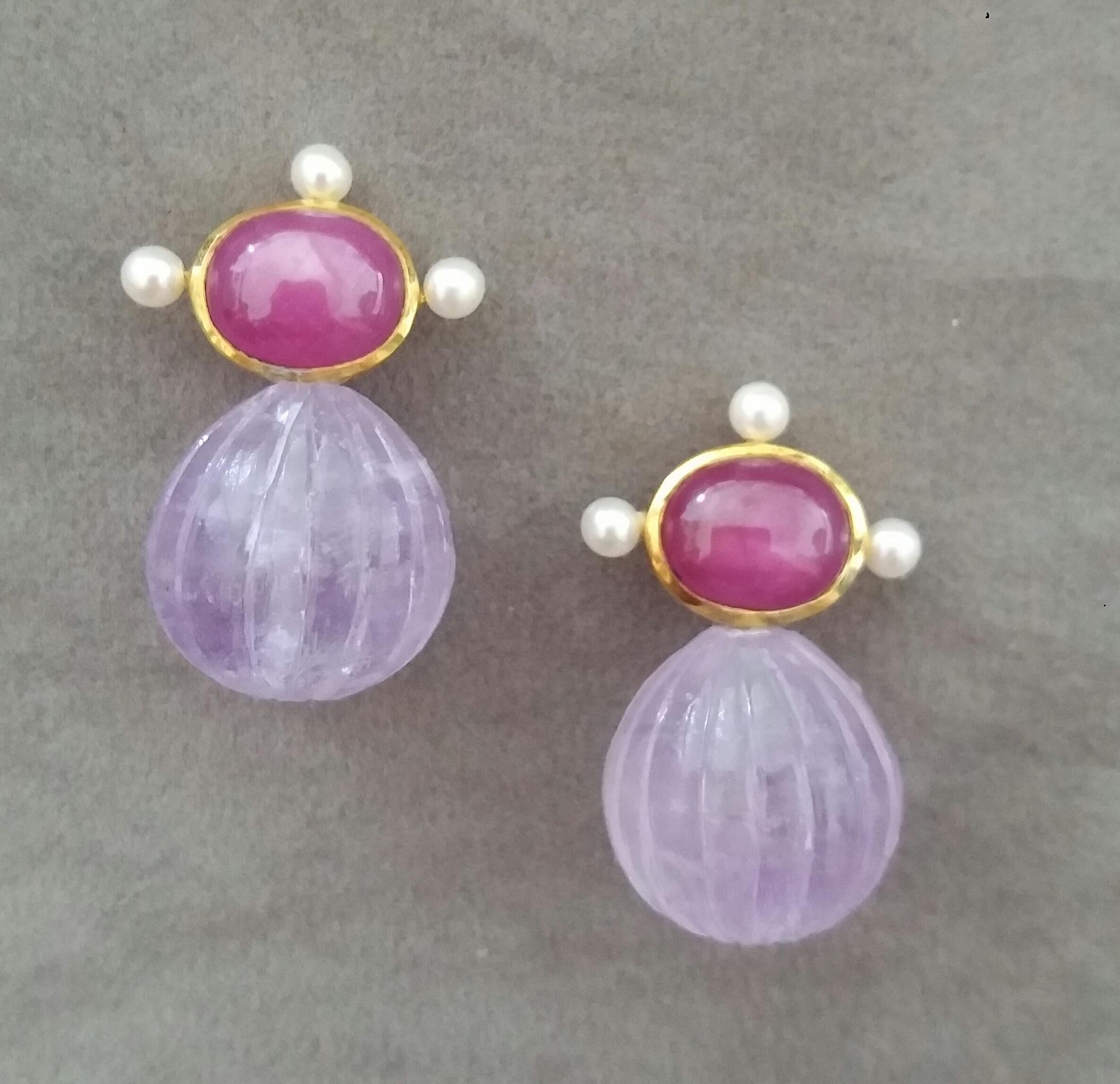 Art Deco Oval Natural Ruby Cabs Gold Pearls Engraved Amethyst Round Drops Stud Earrings For Sale