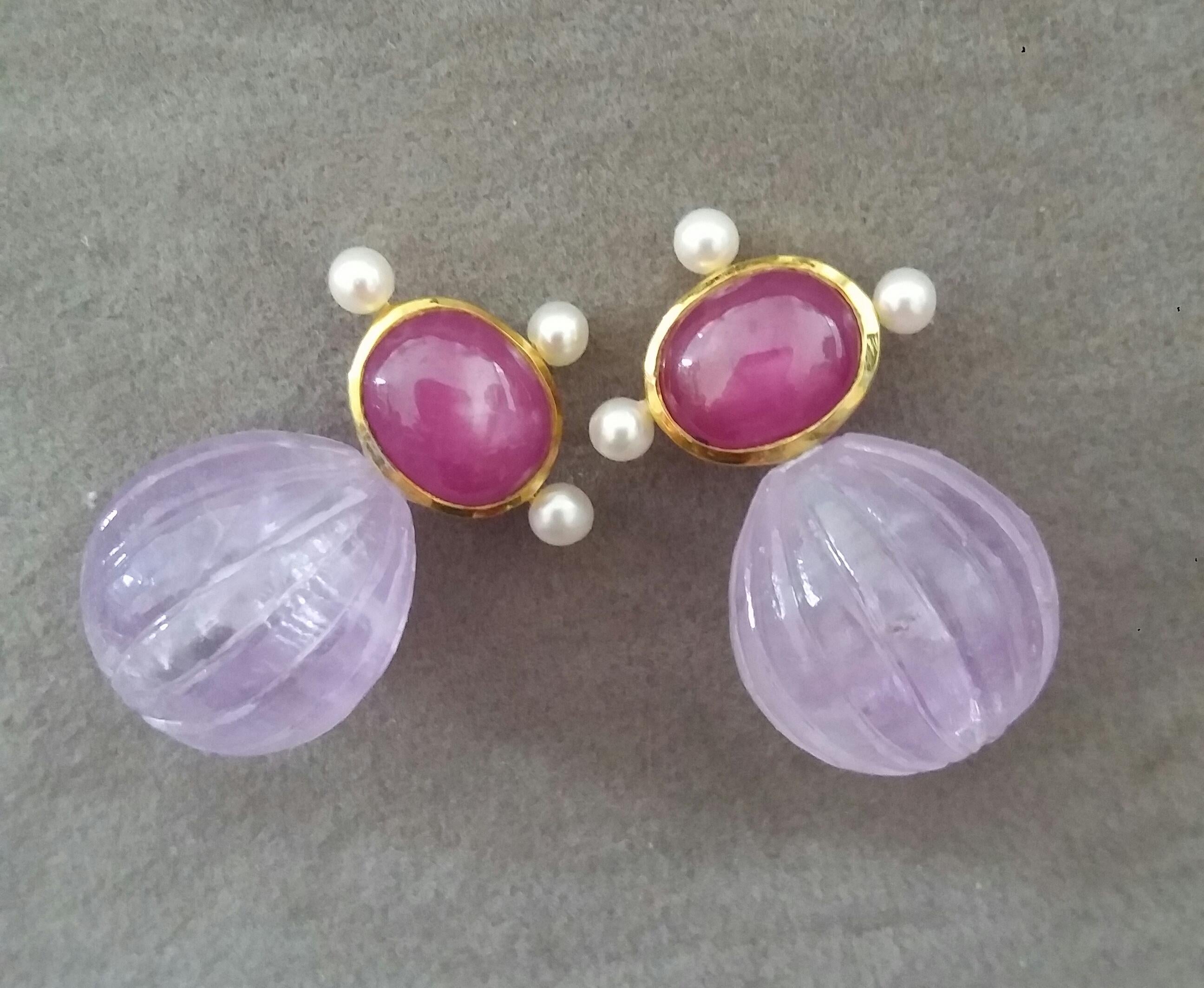 Mixed Cut Oval Natural Ruby Cabs Gold Pearls Engraved Amethyst Round Drops Stud Earrings For Sale