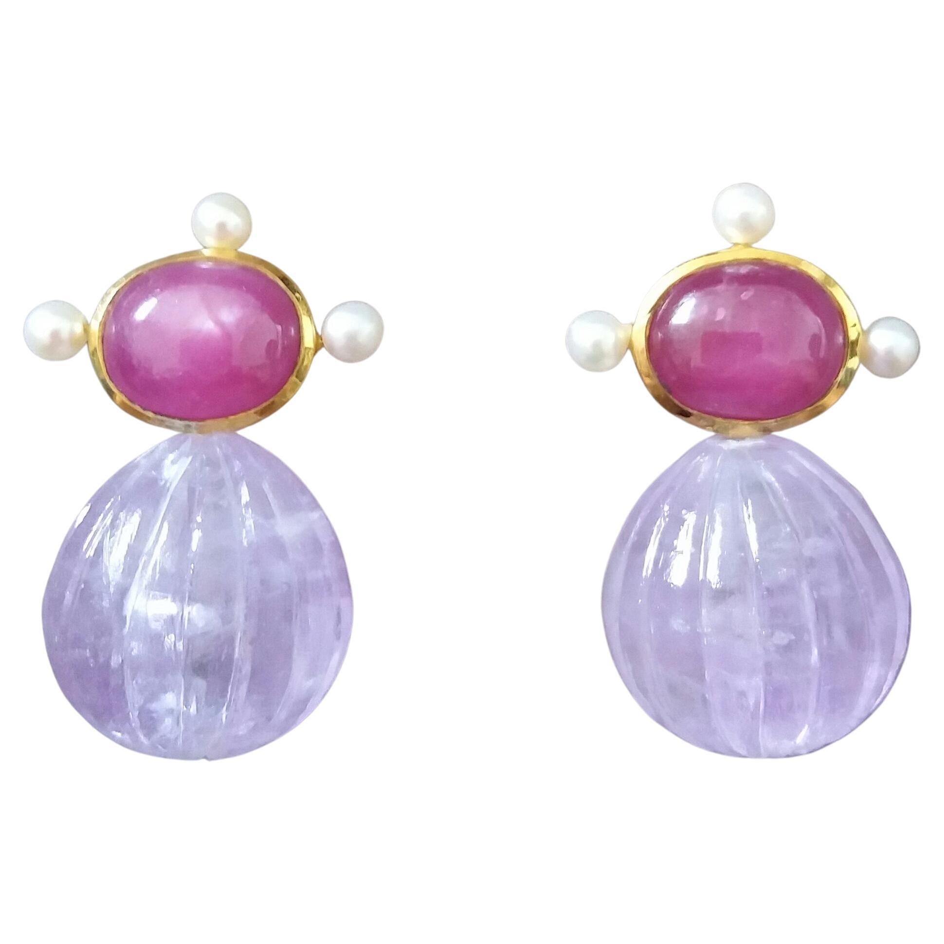 Oval Natural Ruby Cabs Gold Pearls Engraved Amethyst Round Drops Stud Earrings