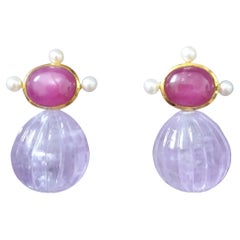 Oval Natural Ruby Cabs Gold Pearls Engraved Amethyst Round Drops Stud Earrings