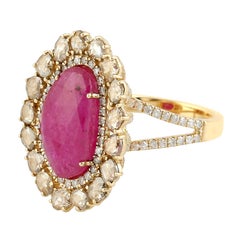 Oval Natural Ruby & Rose-Cut Diamond Double Halo Statement Ring In 18K Gold