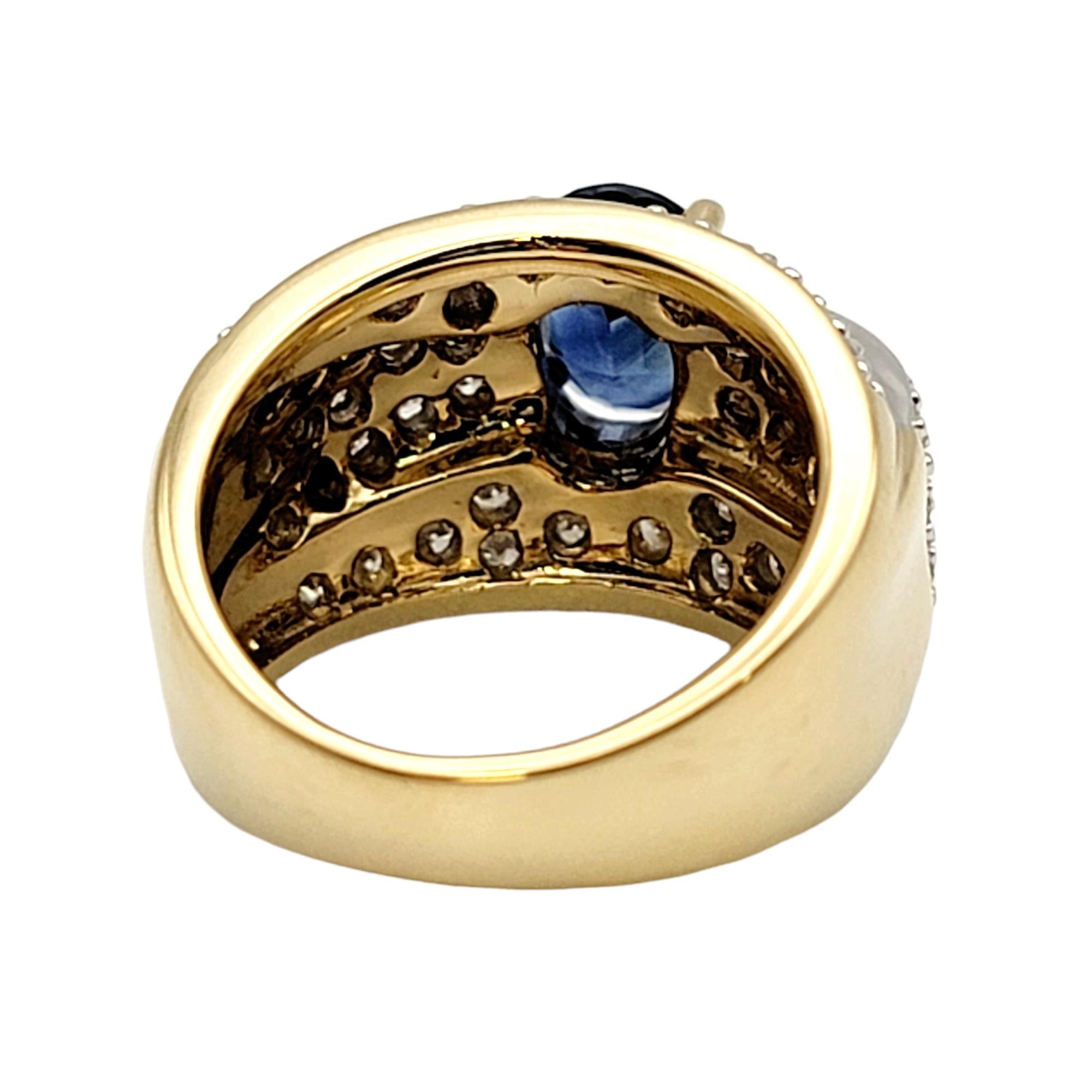 Oval Natural Sapphire and Pave Diamond Band Ring 14 Karat Yellow and White Gold For Sale 4