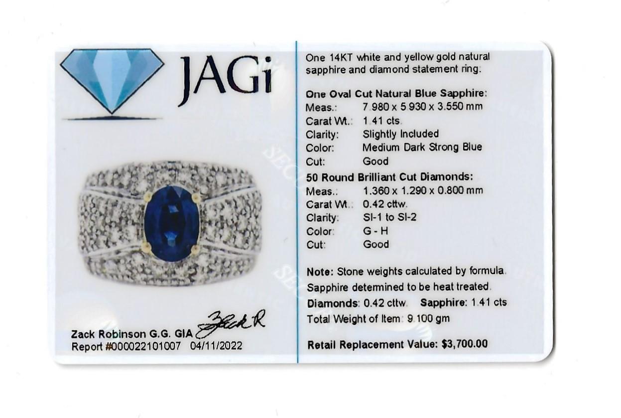 Oval Natural Sapphire and Pave Diamond Band Ring 14 Karat Yellow and White Gold For Sale 9