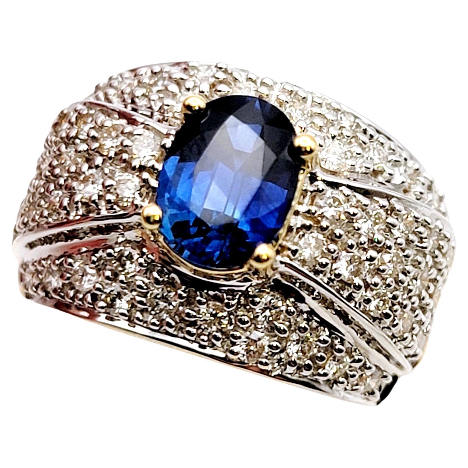 Contemporary Oval Natural Sapphire and Pave Diamond Band Ring 14 Karat Yellow and White Gold For Sale