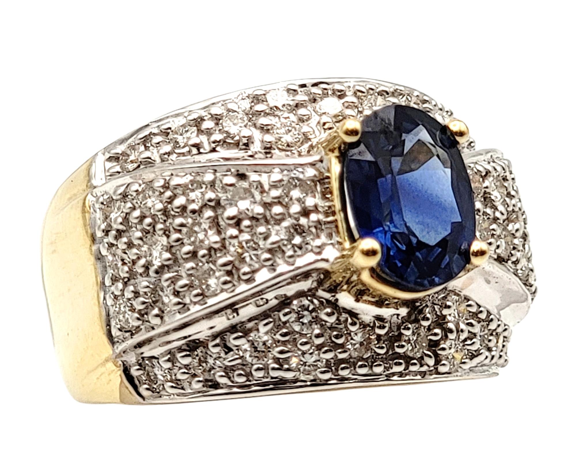 Oval Cut Oval Natural Sapphire and Pave Diamond Band Ring 14 Karat Yellow and White Gold For Sale