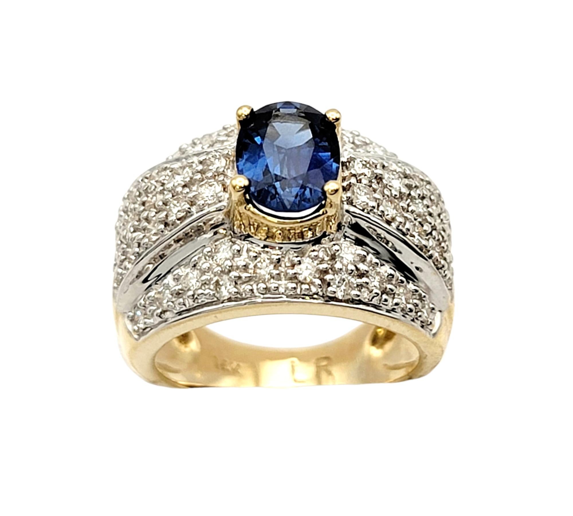 Oval Natural Sapphire and Pave Diamond Band Ring 14 Karat Yellow and White Gold In Good Condition For Sale In Scottsdale, AZ