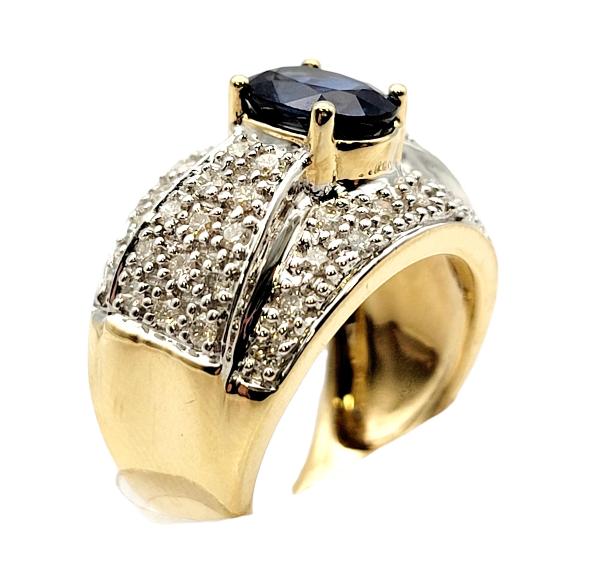 Women's Oval Natural Sapphire and Pave Diamond Band Ring 14 Karat Yellow and White Gold For Sale