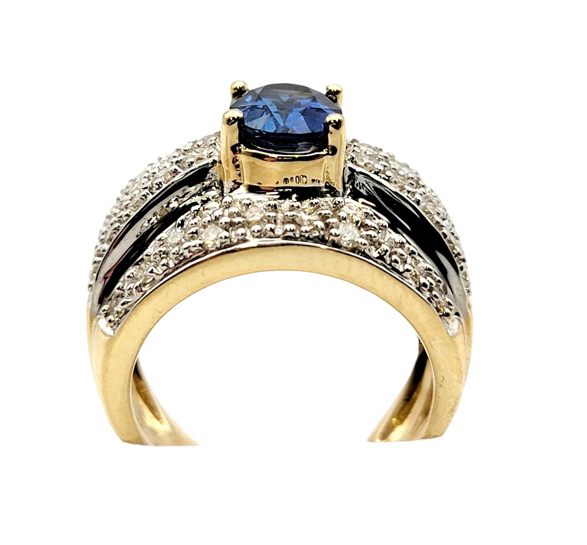 Oval Natural Sapphire and Pave Diamond Band Ring 14 Karat Yellow and White Gold For Sale 1