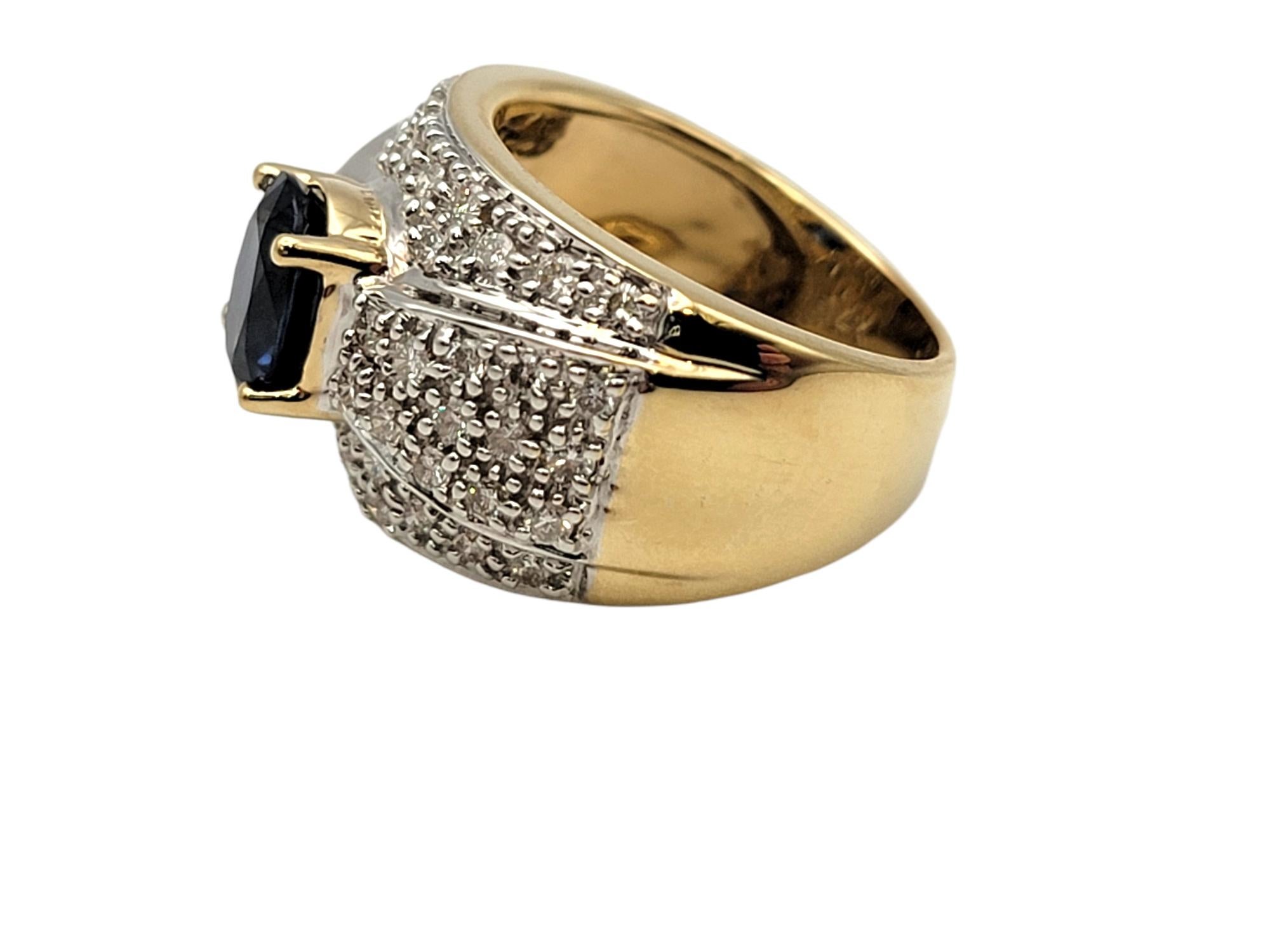 Oval Natural Sapphire and Pave Diamond Band Ring 14 Karat Yellow and White Gold For Sale 2