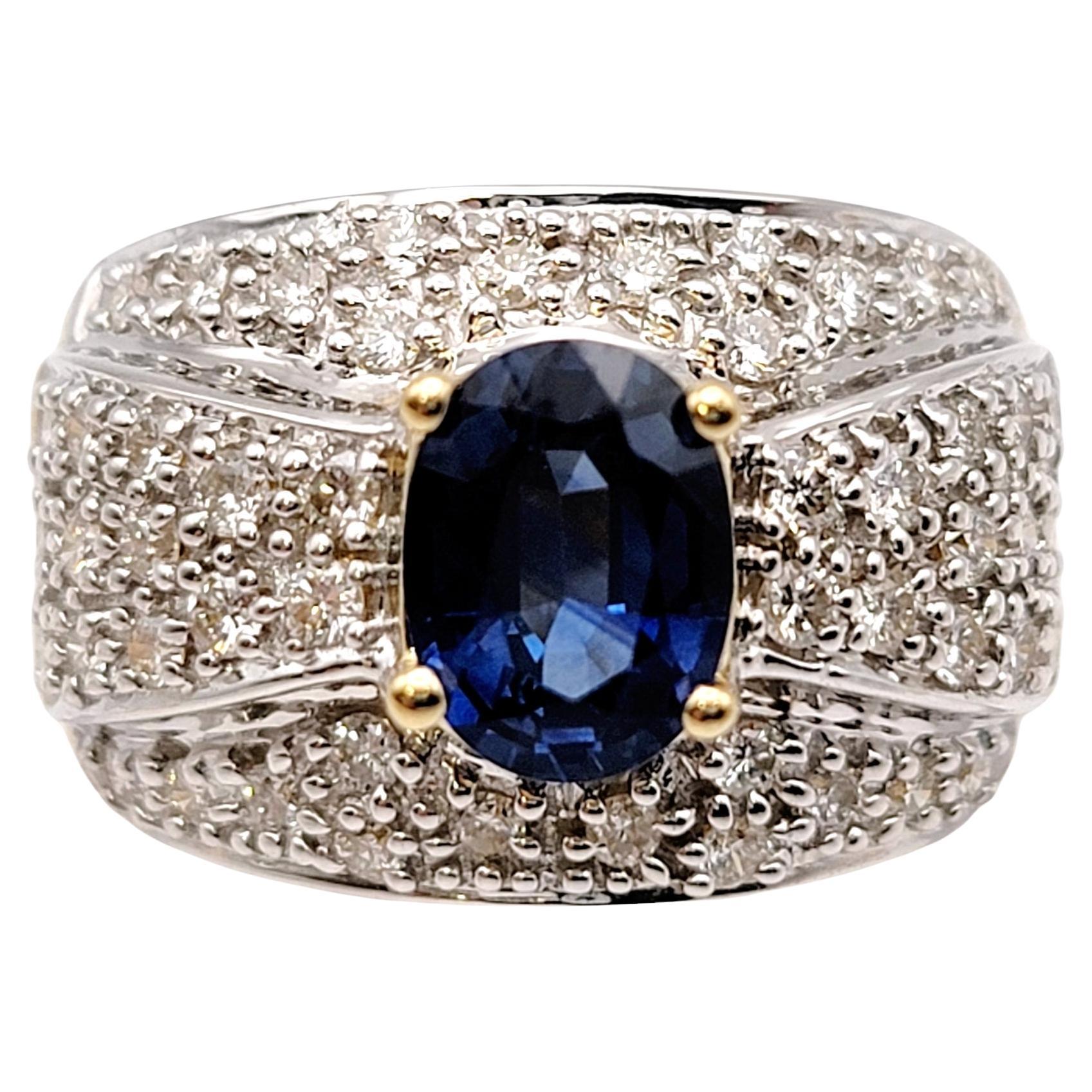 Oval Natural Sapphire and Pave Diamond Band Ring 14 Karat Yellow and White Gold