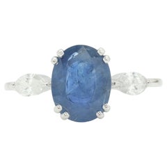 Oval Natural Sapphire Diamond Gemstone Ring in 14k Solid Gold (Certified)