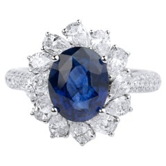 Oval Natural Sapphire Diamond Pear Halo Cocktail Engagement Ring 18k White Gold