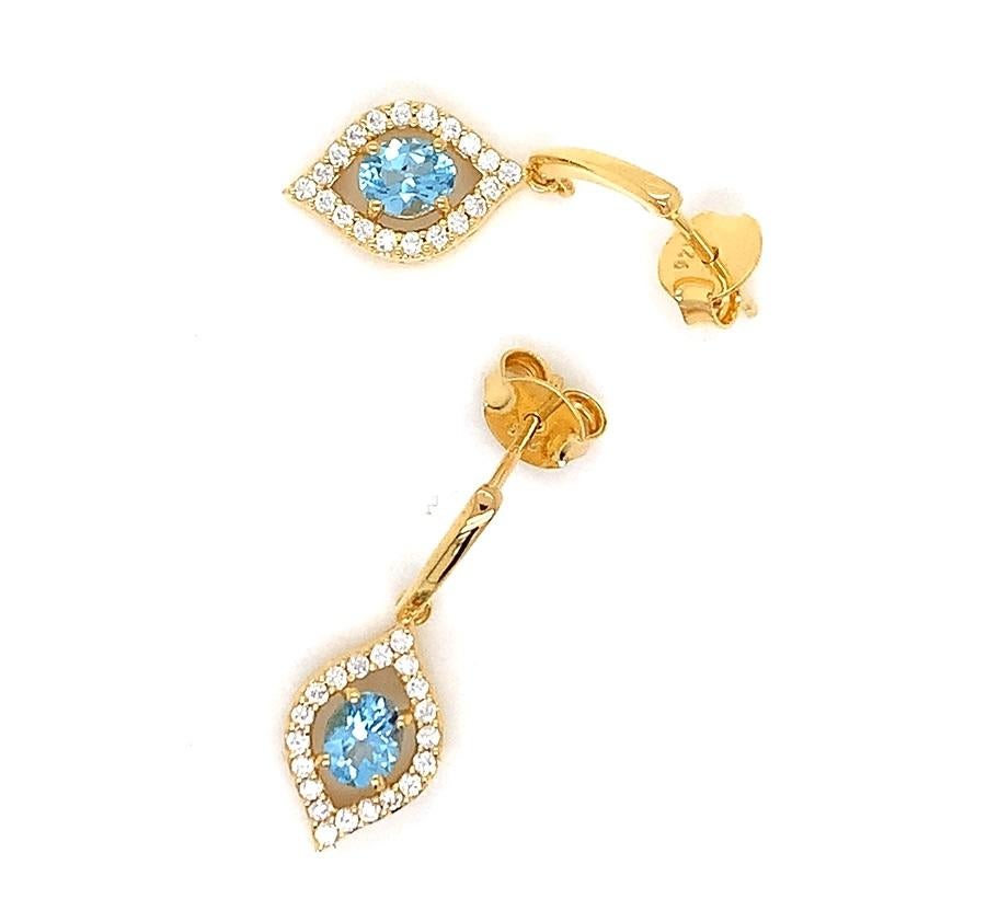 Oval  Natural Sky Blue Topaz And CZ Yellow Gold Over Sterling Silver Earrings In New Condition For Sale In Fort Lee, NJ