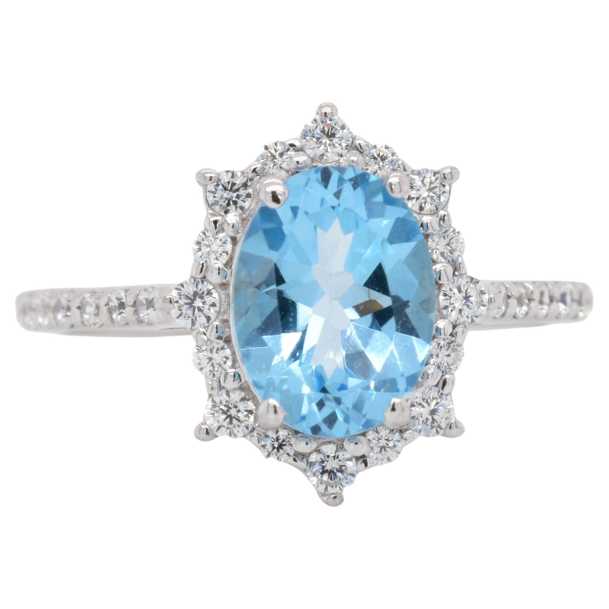 Oval Natural Swiss Blue Topaz with CZ, Rhodium Over Sterling Silver Ring For Sale