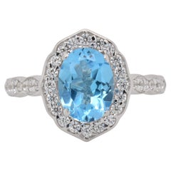 Oval Natural Swiss Blue Topaz with Cz, Rhodium over Sterling Silver Ring