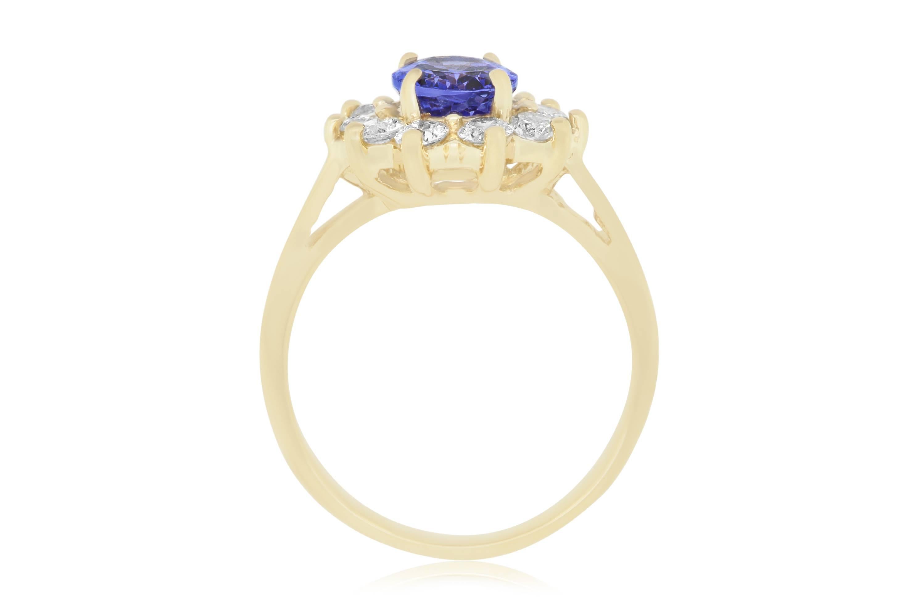 Contemporary Oval Natural Tanzanite White Diamond Halo Engagement Ring 14K Yellow Gold For Sale