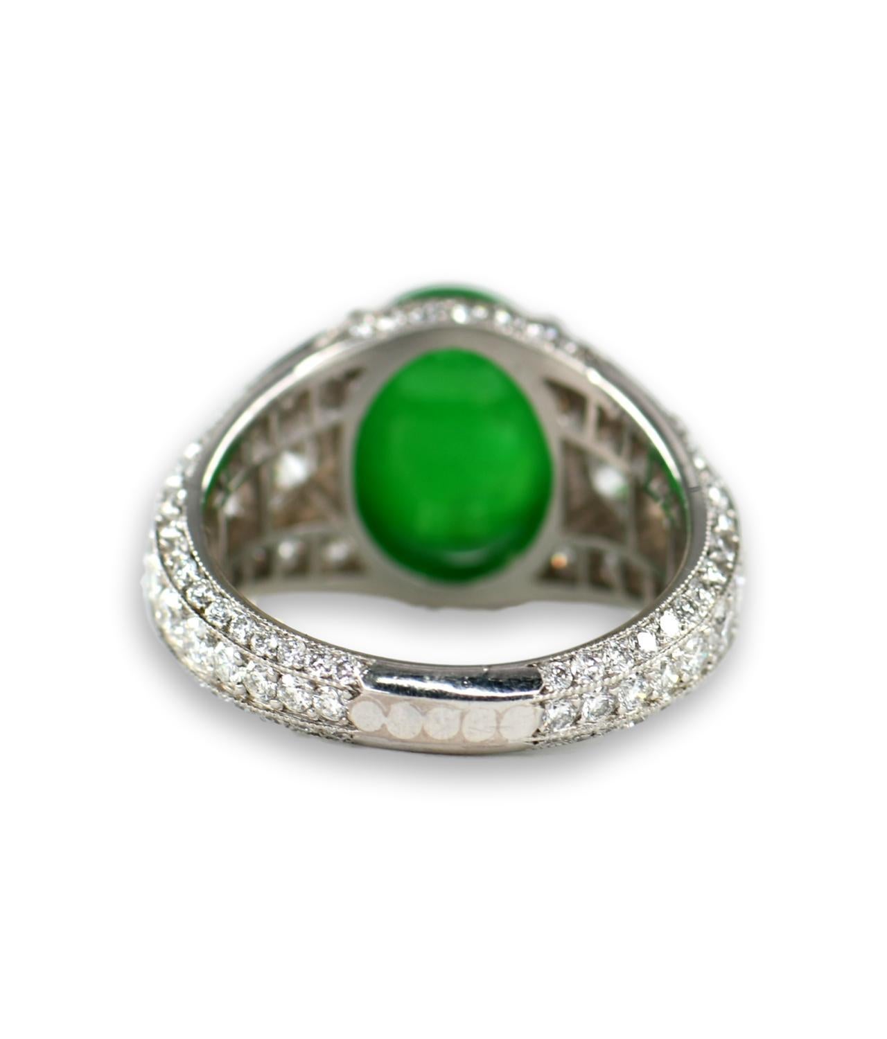 Women's or Men's Oval Natural Untreated Jadeite Jade Cabochon Platinum Diamond Ring