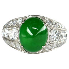 Used Oval Natural Untreated Jadeite Jade Cabochon Platinum Diamond Ring