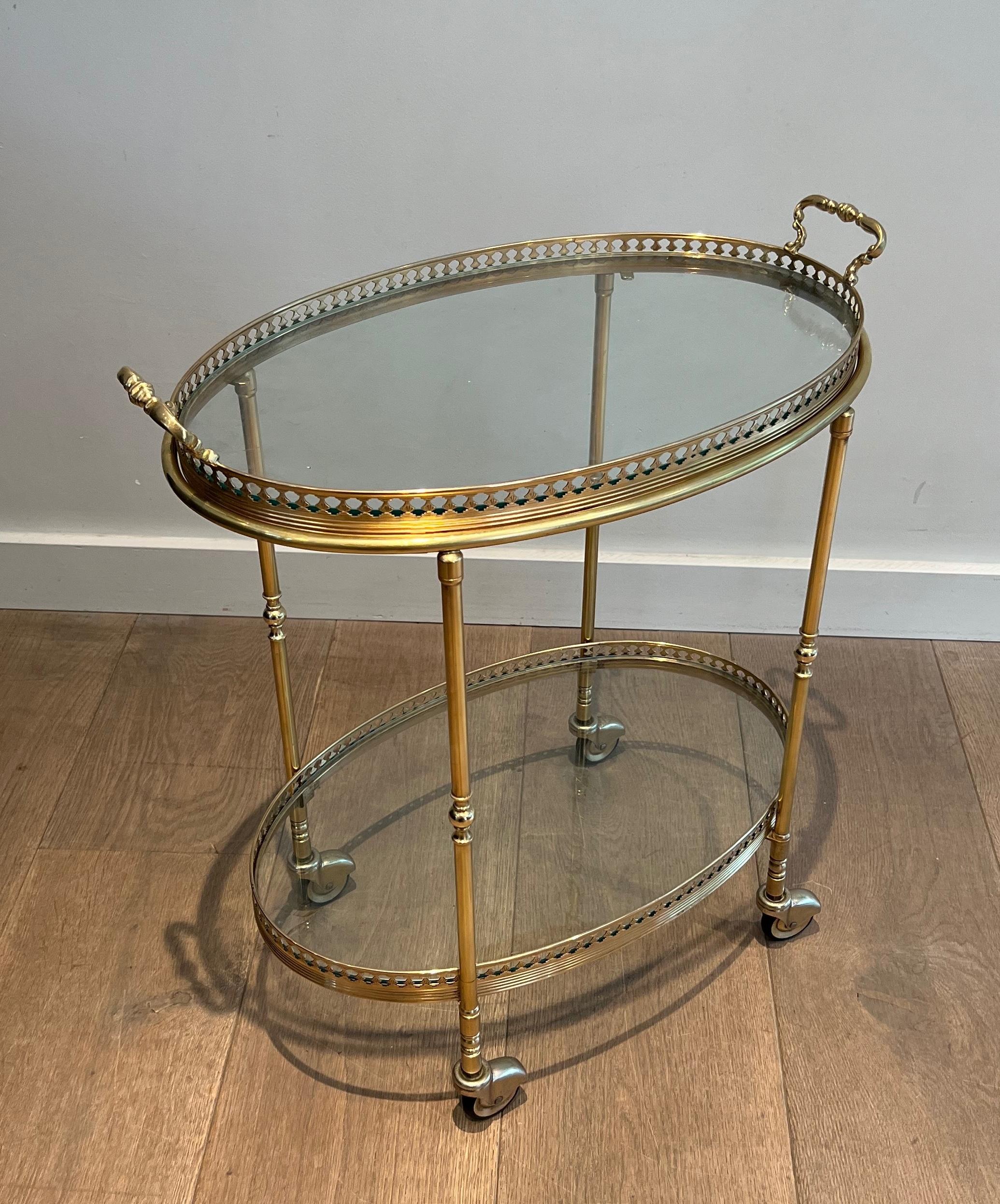 Oval Neoclassical Style Brass Bar Cart Attributed to Maison Jansen 7