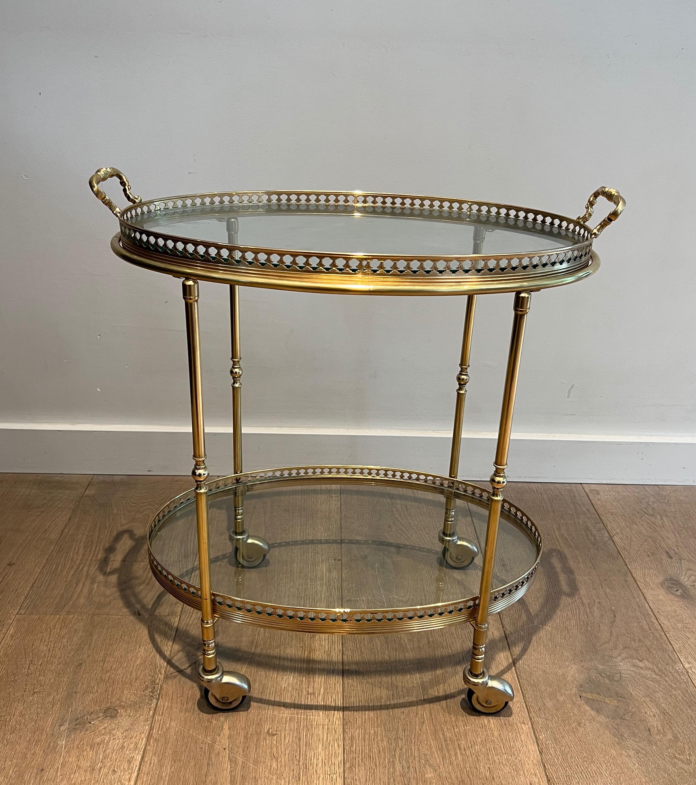 Oval Neoclassical Style Brass Bar Cart Attributed to Maison Jansen 8